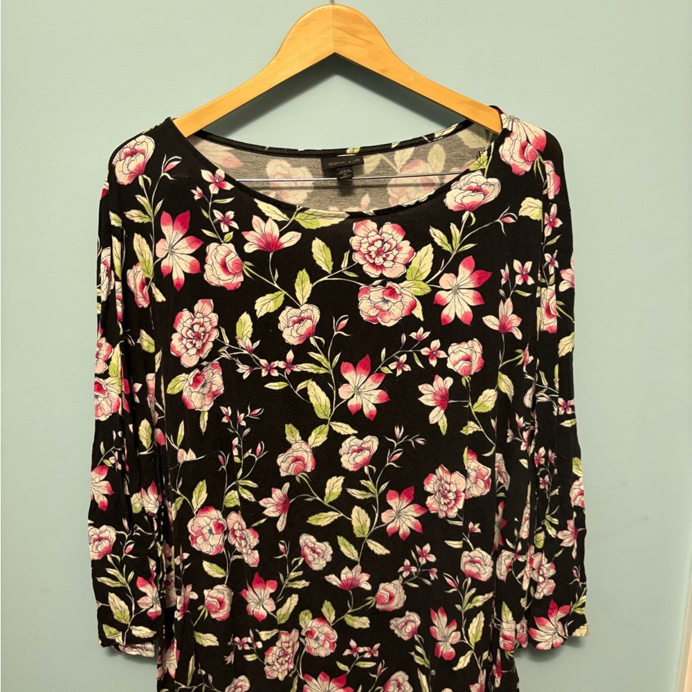 J. Jill Black Floral Blouse with Pink and Green Accents